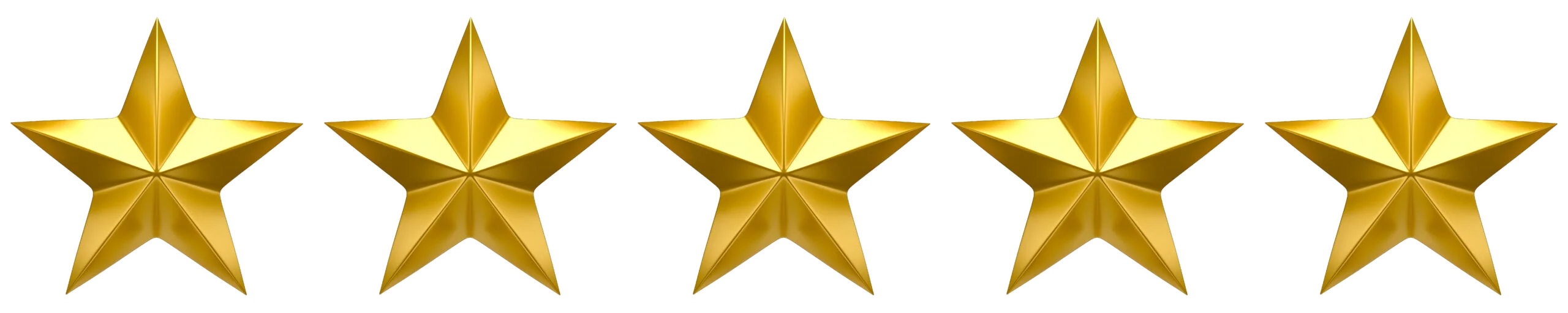 Five gold stars in a row on white background