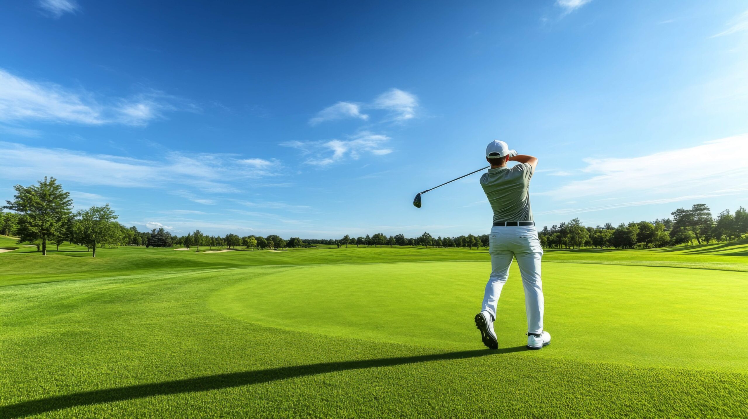 Golfer in mid-swing on a lush green fairway under blue sky with trees lining the course