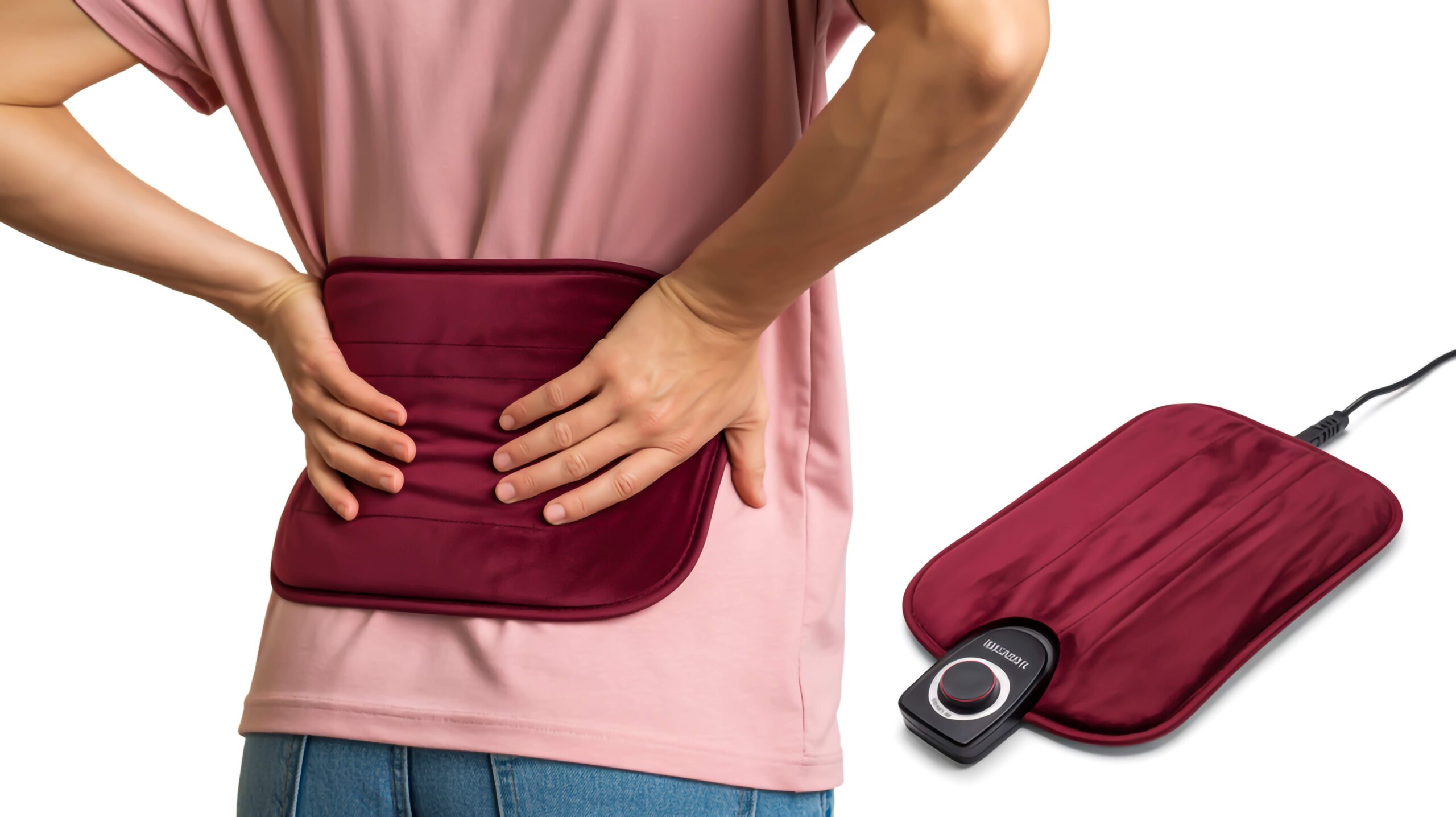 Person wearing a pink shirt holding a burgundy heating pad against their lower back while another heating pad unit sits nearby on a white background