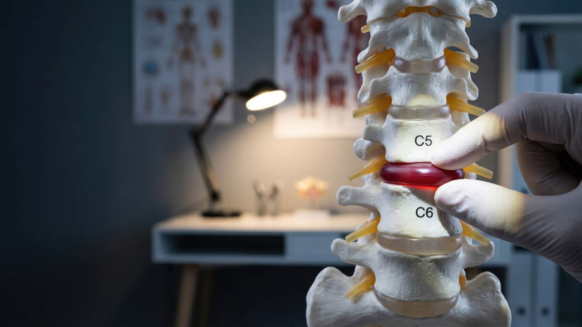 Healthcare professional's gloved hands holding a cervical spine model showing C5 and C6 vertebrae with red intervertebral disc highlighted in medical office setting