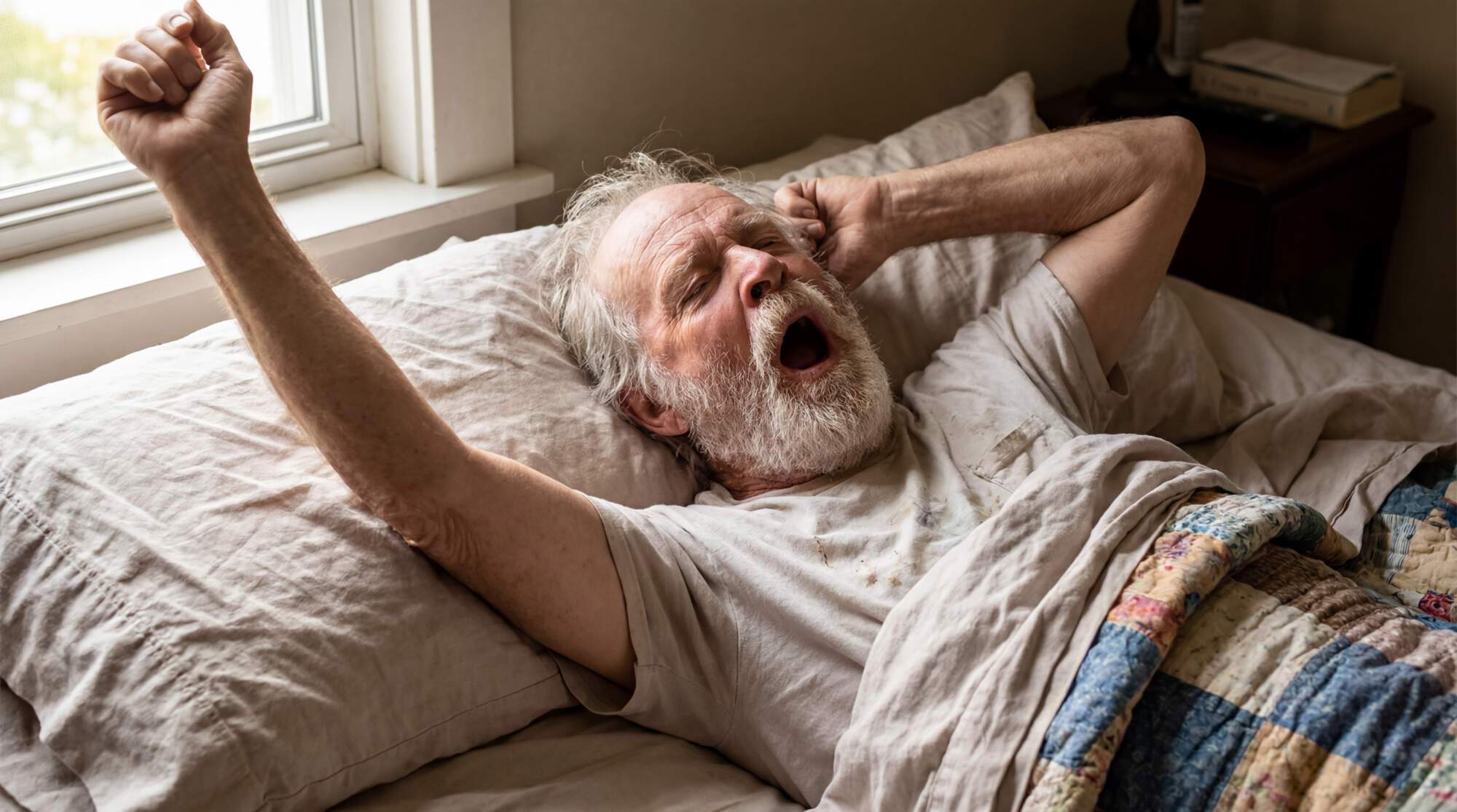 Older man stretching in bed with arms raised, yawning upon waking